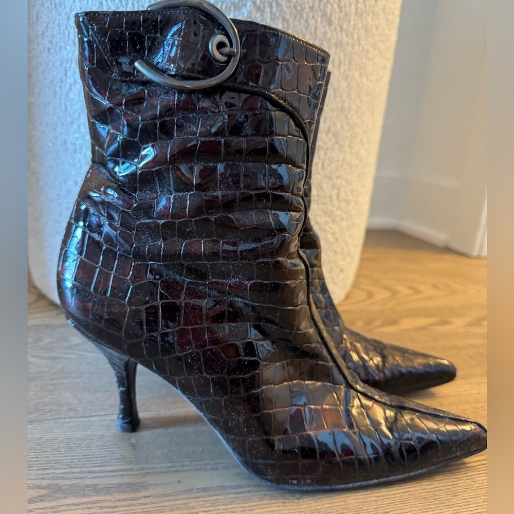 Stuart Weitzman Brown Croc-Embossed Ankle Boots